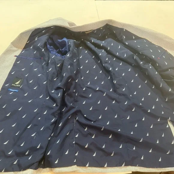 Nautica Mens Seersucker Striped Blazer Suit Jacket Blue White 48R  Preppy - Picture 10 of 12